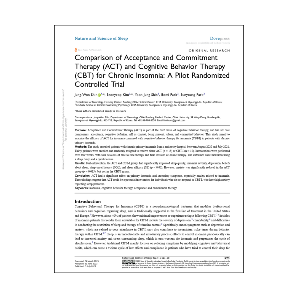 Comparison of ACT and CBT for chronic insomnia: A pilot randomised ...